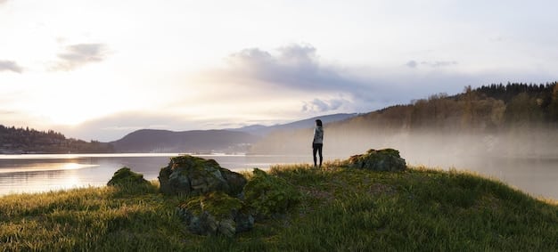 A person standing on a mountaintop, viewing a scenic landscape, representing personal achievement and the successful application of strengths.