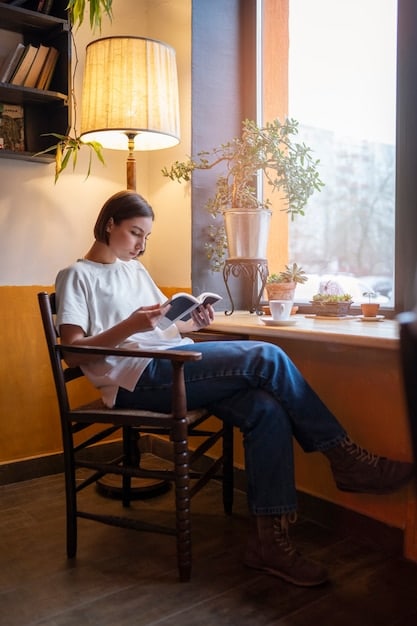 A person writing in a journal while sitting in a cozy armchair, with a cup of tea beside them. The scene is peaceful and emphasizes the importance of planning and reflection.