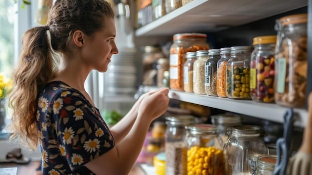 A well-organized kitchen pantry with clear containers, labeled shelves, and neatly stacked items, promoting a sense of order and efficiency.