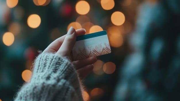 A close-up shot of a hand gently holding a credit card, with a blurred background of various consumer items. The focus is on the hand's mindful and deliberate grasp, suggesting conscious purchasing decisions.