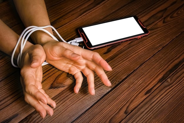 Close-up shot of a stressed person's hands gripping a smartphone tightly, highlighting the tension and anxiety associated with overuse. The phone screen displays multiple notification icons. The background is blurred and depicts a busy urban environment.