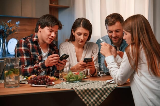 A family enjoying a meal together at a dining table, with all smartphones placed in a separate basket away from the table. The focus is on their interaction and engagement with each other. The setting is warm and inviting.