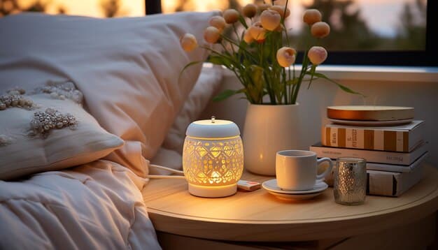 A serene bedroom setting with a nightstand. Instead of a phone, there's a book, a small plant, and a calming aromatherapy diffuser. The lighting is soft and inviting.