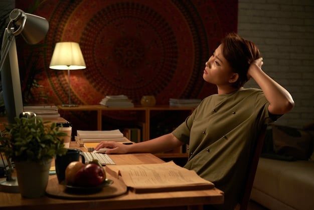 A person sitting at their desk, eyes closed, hands resting in their lap, practicing deep breathing. The scene is peaceful and serene.