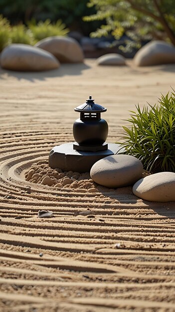 A serene Zen garden with raked sand, carefully placed rocks, and a small stone lantern. The lighting is soft and diffused, creating a peaceful and contemplative atmosphere.