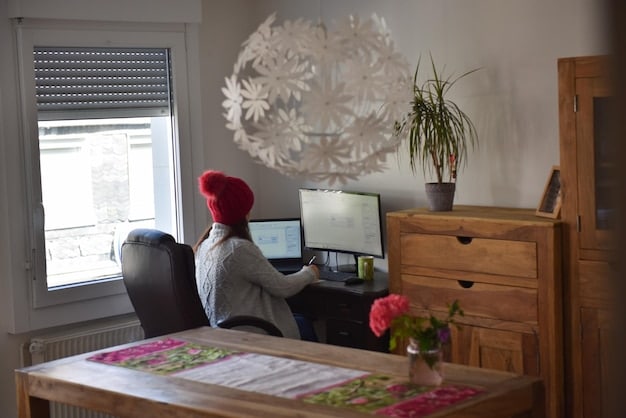 An organized and serene home office with minimal furniture. A person is seen working at a clean desk, with only a laptop, a small plant, and a notebook in sight. Natural light floods the room, creating a focused and calming atmosphere.