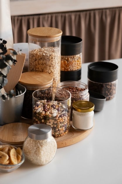 A well-organized and minimalist pantry with glass containers filled with grains, nuts, and seeds. Natural light illuminates the pantry, emphasizing its cleanliness and order.