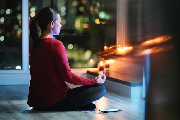 A person practicing mindful meditation in a quiet room, focusing on their breath. Soft, natural light illuminates the scene.