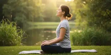 Person practicing deep breathing for stress relief in a peaceful natural environment.