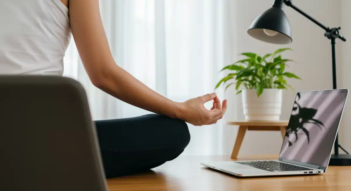 Person meditating in uncluttered home office, symbolizing digital detox and mindfulness.