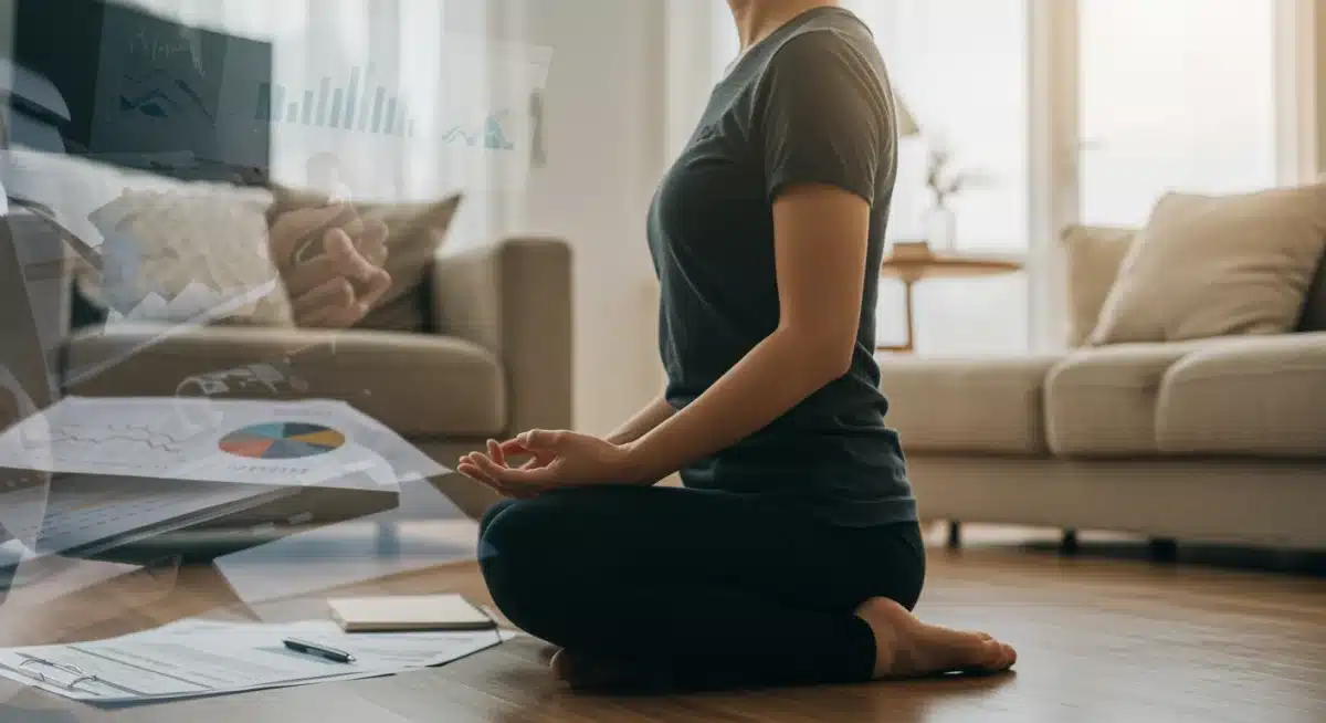 Individual meditating to manage financial anxiety in a home setting.