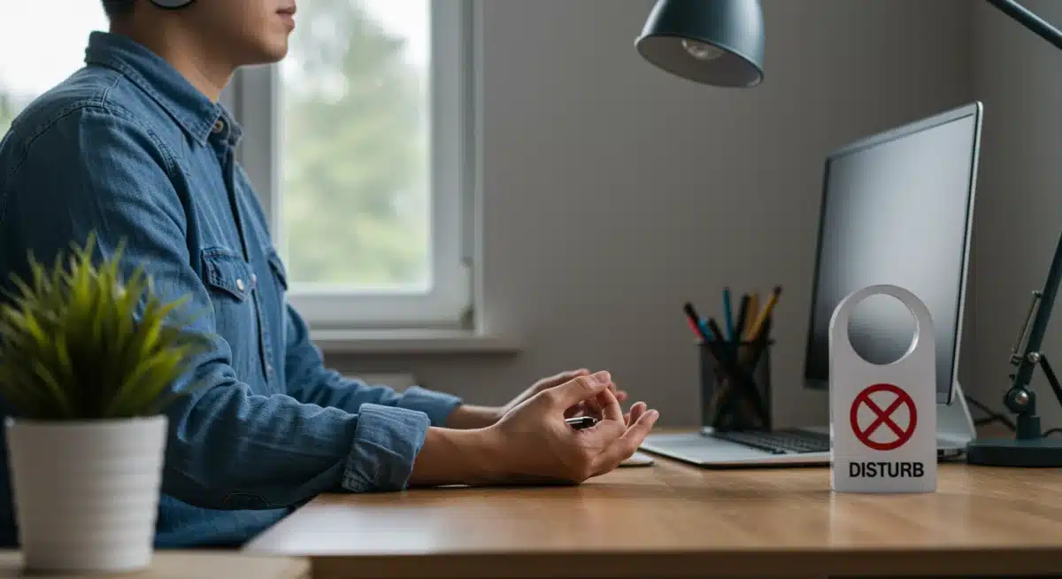 Individual practicing mindfulness meditation at a desk to reduce Q1 2025 work stress.