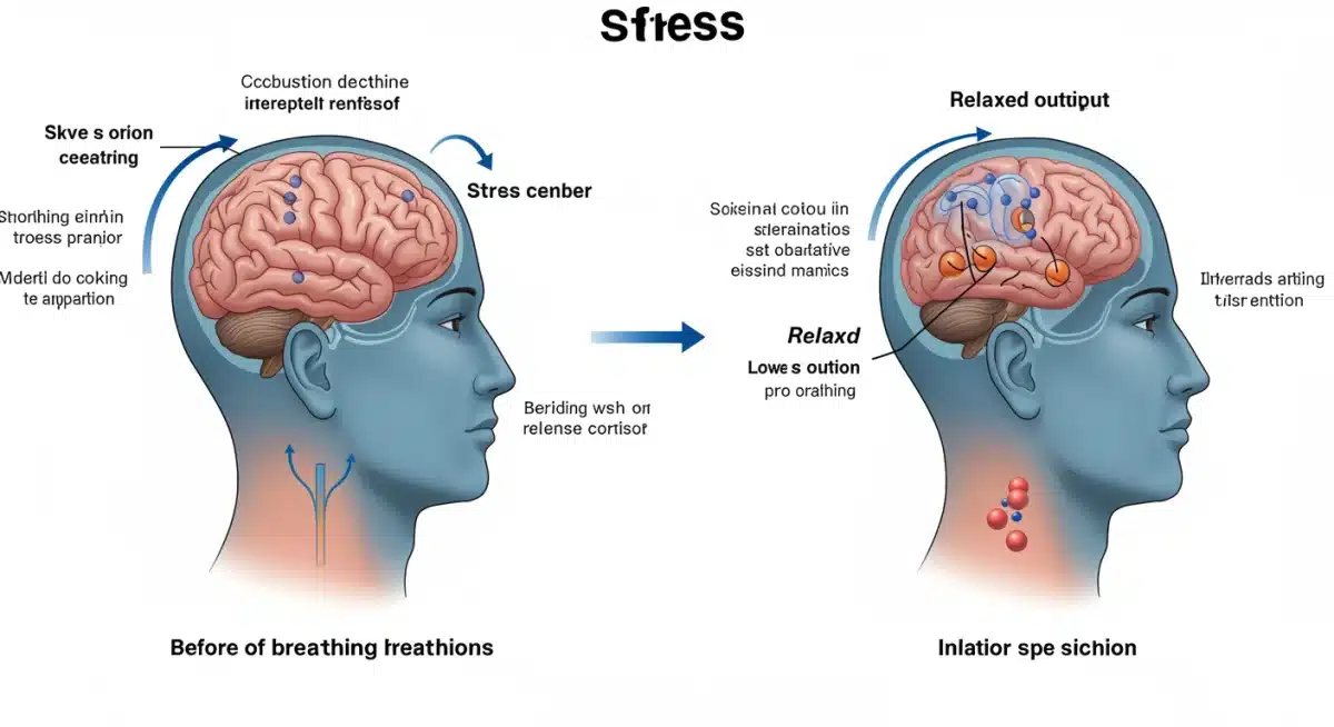 Infographic showing how breathing exercises reduce cortisol through physiological mechanisms.