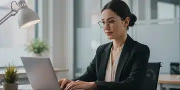 Professional woman calmly navigating Q1 2025 work stress in a modern office.