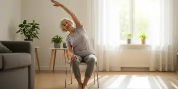 Senior woman practicing gentle chair yoga, extending arm upwards for improved mobility and flexibility.