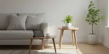 Minimalist living room with digital tablet, promoting zen living and digital decluttering.