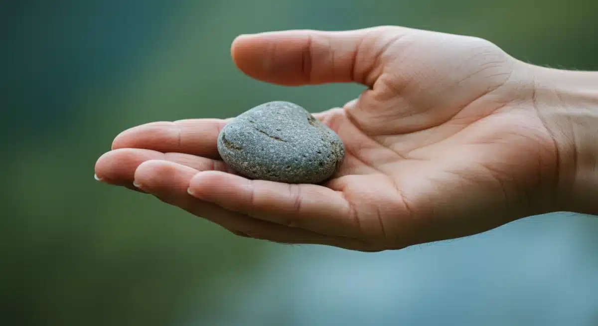 Hand holding a smooth river stone, embodying tactile awareness and grounding.