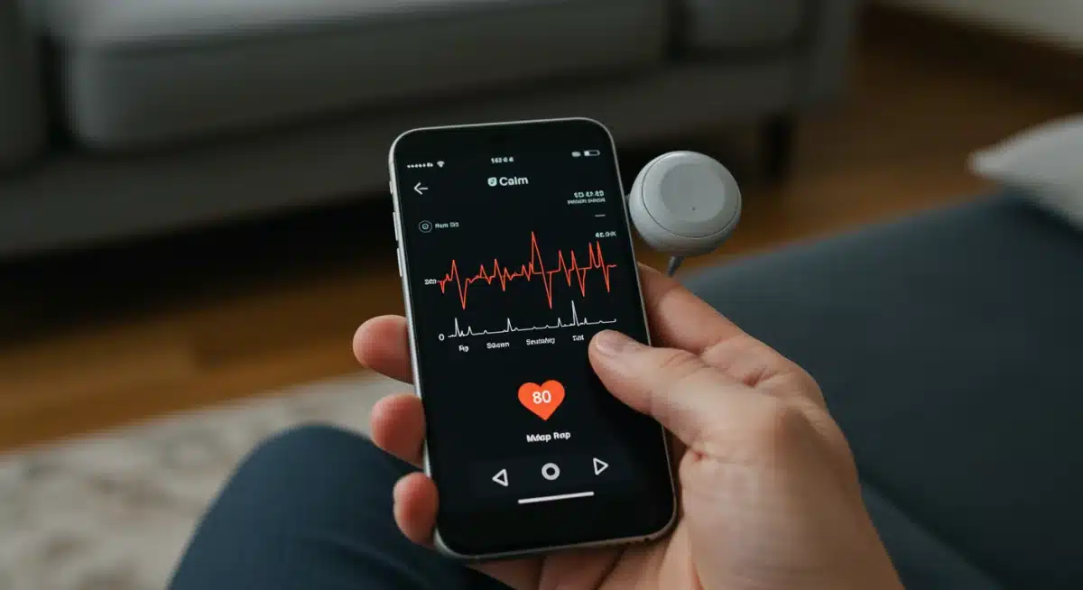 Handheld biofeedback device showing heart rate variability on smartphone