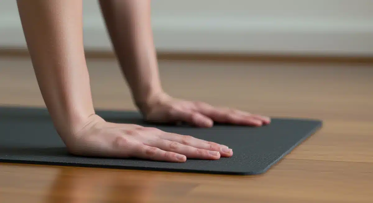 Proper hand placement on a yoga mat for handstand preparation.