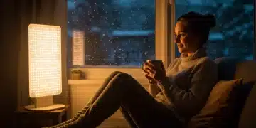 Person using a light therapy lamp in a cozy winter setting to combat SAD