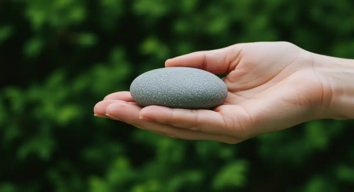 Hand holding a smooth meditation stone, representing grounding