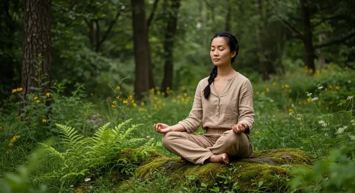 Person practicing mindful breathing in a serene natural environment.