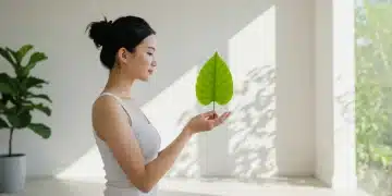 Woman holding a green leaf, symbolizing mindful consumption and peace