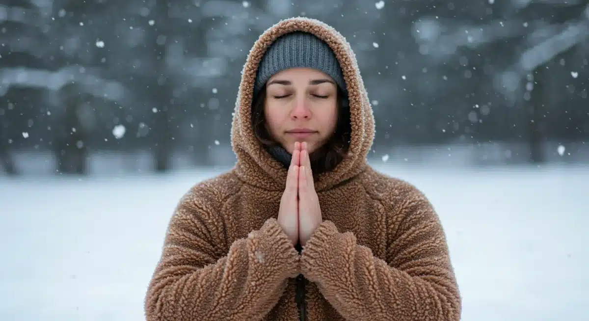 Person meditating in a snowy winter landscape for stress reduction