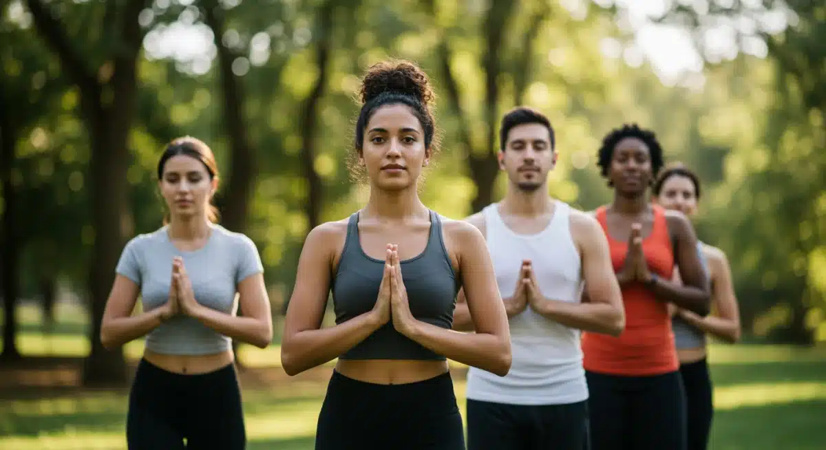 Diverse group practicing mindful walking in a park for enhanced well-being