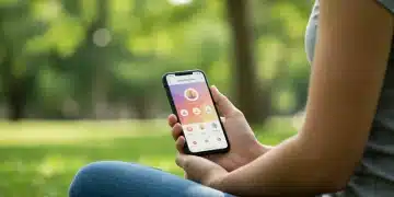 Person meditating with mindfulness app on smartphone in nature