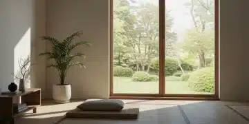 Minimalist zen living room with natural light and a potted plant
