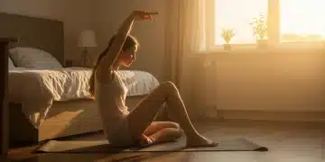 Woman practicing gentle morning yoga for better sleep