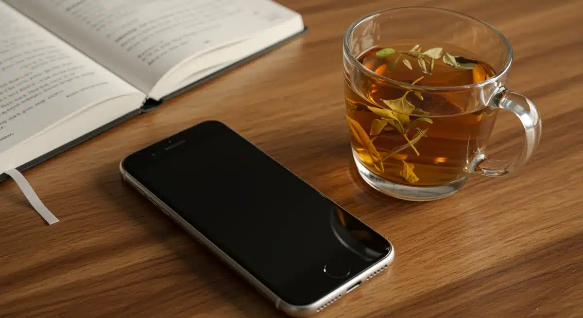 Smartphone face down next to tea and journal for digital break