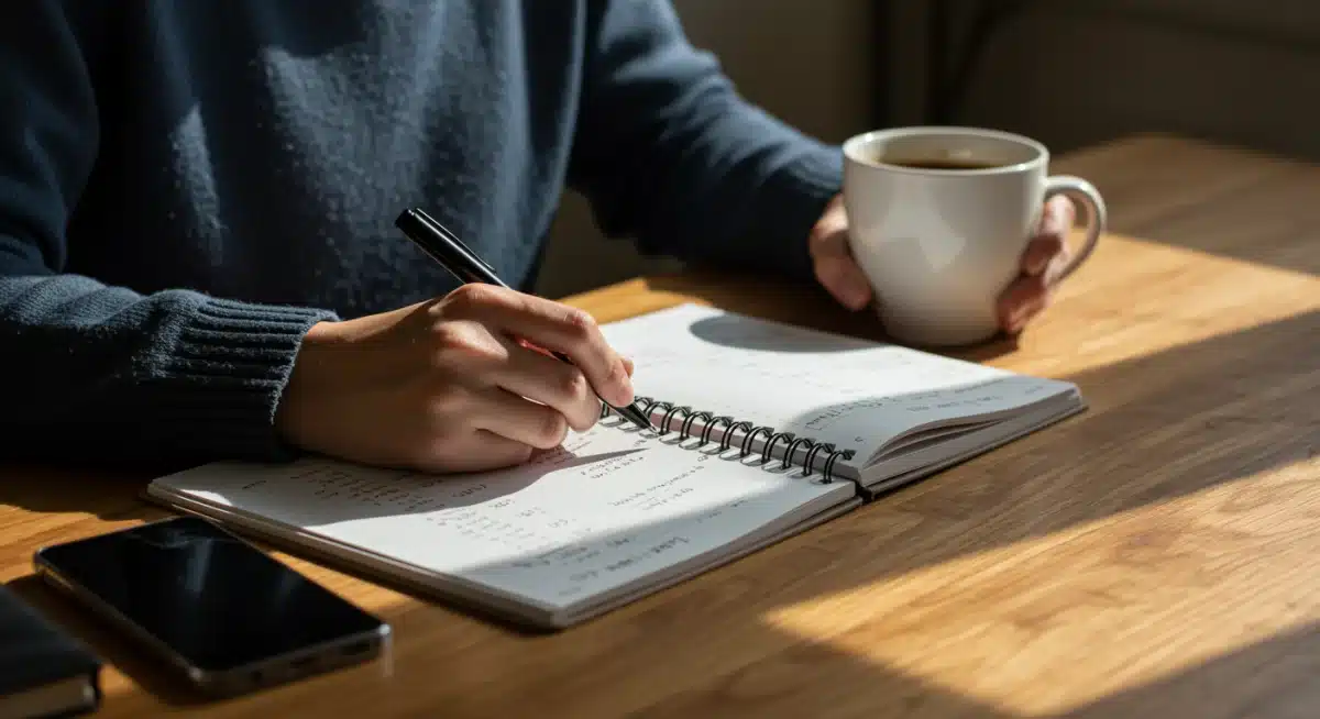 Person planning goals in a notebook, symbolizing strategic effort for self-efficacy.