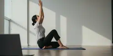 Busy professional doing yoga in office for energy boost