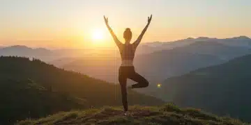 Woman performing yoga pose for mental clarity at sunrise