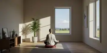 Modern American living room with a person meditating, embodying Zen principles.