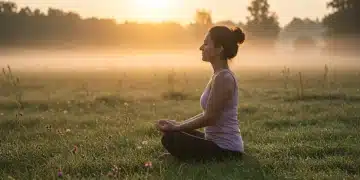 Person meditating peacefully in nature at sunrise, embodying zen living