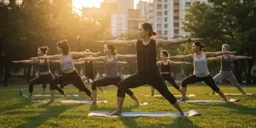 Diverse group practicing 2026 yoga movement outdoors, warrior II pose, urban park at sunrise for mobility and stress reduction.