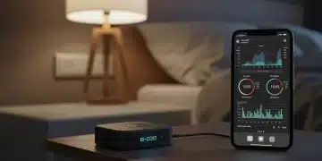 Advanced sleep tracker analyzing data on a smartphone in a calming bedroom setting.