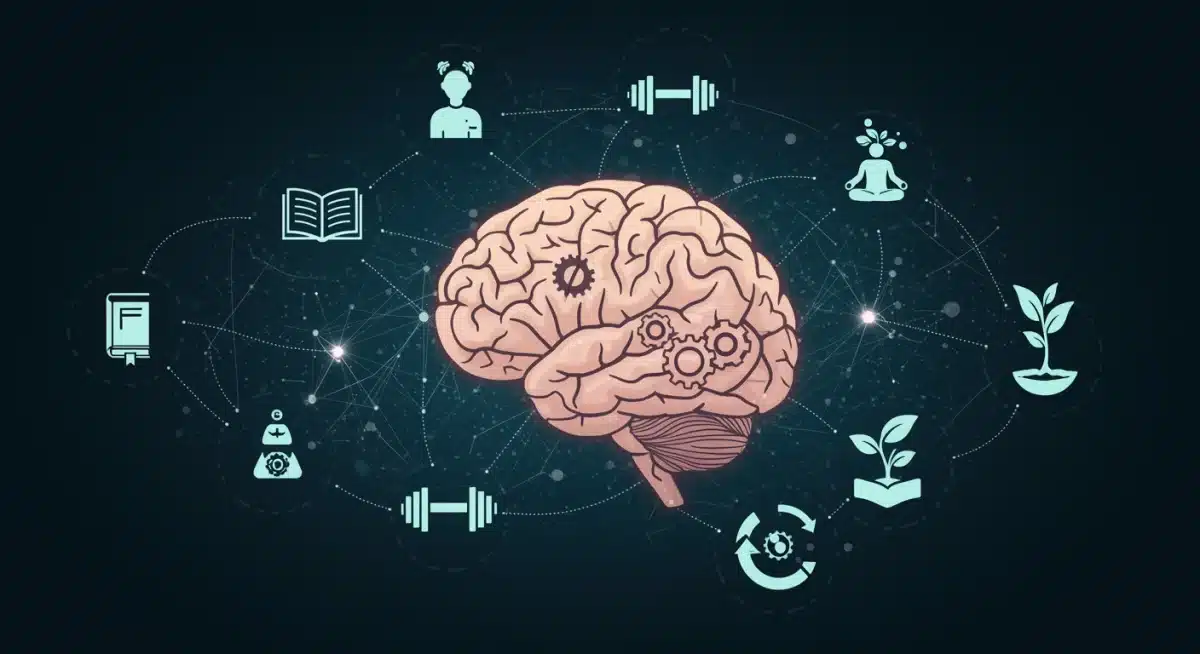 Brain with gears, self-development icons, interconnected growth