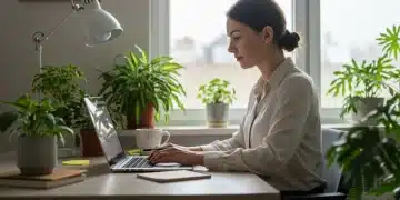 Woman working calmly at a desk with plants, symbolizing work-life integration