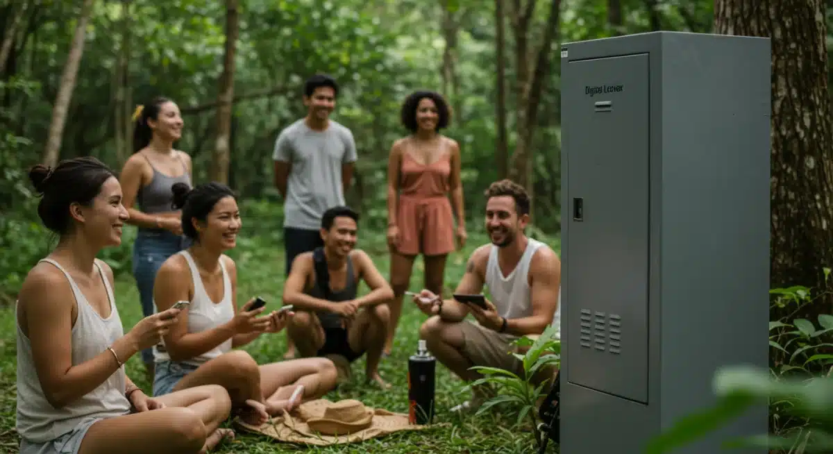 Diverse group enjoying a digital detox, connecting in nature, free from screens