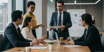 Diverse professionals collaborating in a modern office, embodying emotional intelligence and career success in the US.