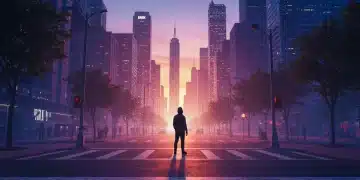 Futuristic cityscape at dawn symbolizing new beginnings for personal growth in 2026 U.S.