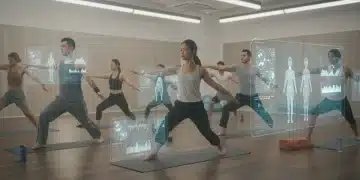 Futuristic mindful movement studio with diverse practitioners and biometric data displays