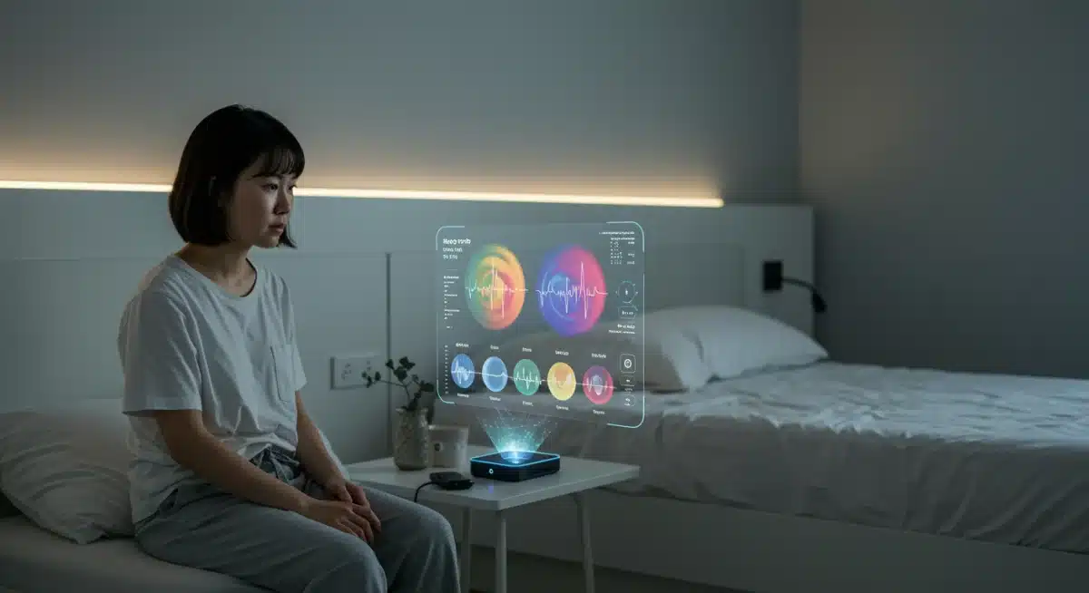 Holographic sleep cycle data display with stress indicators.