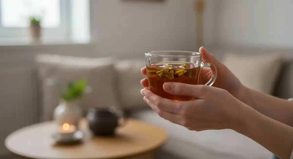 Hands mindfully holding a warm cup of tea in a serene environment.