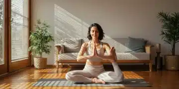 Woman practicing mindful yoga for chronic pain relief in a calm living room