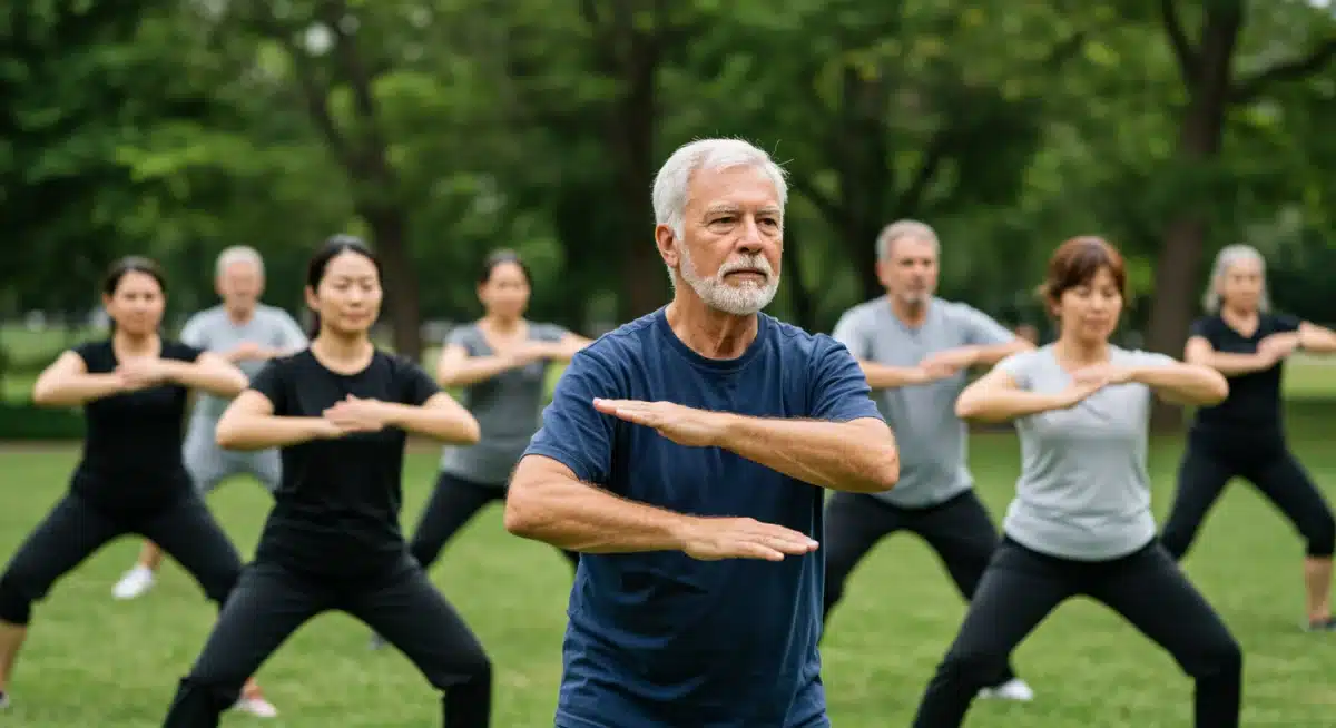 Diverse group practicing tai chi outdoors for pain management